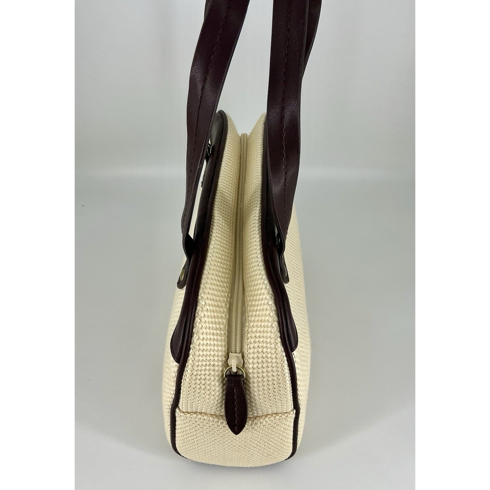 Etienne Aigner Beige Brown Woven Satchel Double Handles Gold Hardware - Picture 6 of 11